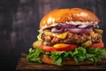 Up close look at tempting handmade burger on dark background