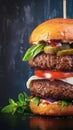 Up close look at tempting handmade burger on dark background