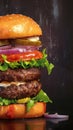 Up close look at tempting handmade burger on dark background