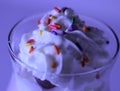 A delicious macro view of dessert topping with sprinkles and whip cream