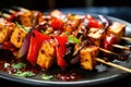 up-close photo of char-grilled tofu skewers