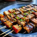 up-close photo of char-grilled tofu skewers