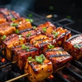 up-close photo of char-grilled tofu skewers