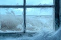 An up-close photo of a window showcasing mesmerizing ice patterns formed by frost on the glass pane, A frosted window overlooking