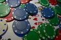 Up close photograph of playing cards and poker chips Royalty Free Stock Photo