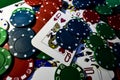 Up close photograph of playing cards and poker chips Royalty Free Stock Photo