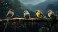 up close picture of birds on a tree branch in the rainforest