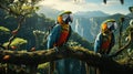 up close picture of two parrots on a branch in the rainforest