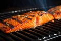 up close, salmon fillet with apple cider glaze sizzling on a bbq grill