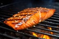 up close, salmon fillet with apple cider glaze sizzling on a bbq grill