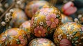 Up close shut of bunch of festively painted or decorated Easter eggs in floral motifs, AI generated