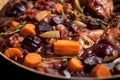 up-close texture of a coq au vin stew