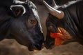 Up-close view of a bullfight, capturing the intensity and danger of the interaction between matador and bull. Generative AI Royalty Free Stock Photo