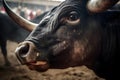 Up-close view of a bullfight, capturing the intensity and danger of the interaction between matador and bull. Generative AI