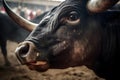 Up-close view of a bullfight, capturing the intensity and danger of the interaction between matador and bull. Generative AI Royalty Free Stock Photo