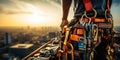 Up-Close View of a Construction Workers Utility Belt Loaded with Various Implements on a Skyscraper Construction Scene at