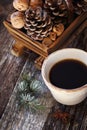 ÃÂ¡up of coffee, pine cones in basket, walnuts and cinnamon sticks