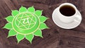 ÃÂ¡up of coffee on a wooden table. Morning Chakra Meditation. Anahata symbol 3d illustration