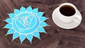 ÃÂ¡up of coffee on a wooden table. Morning Chakra Meditation. Vishuddha symbol 3d illustration