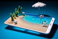 summer sea sand phone creative concept palm cyber holiday up mock. Generative AI.