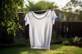 Up-cycling clothes concept. White, blank t-shirt hanging in back yard. Mockup