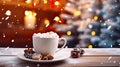 Cup of hot chocolate with marshmallows on a rustic wooden table, cozy Christmas atmosphere