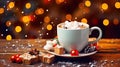 ?up of hot chocolate with marshmallows on a rustic wooden table, cozy Christmas atmosphere