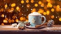 Cup of hot chocolate with marshmallows on a rustic wooden table, cozy Christmas atmosphere