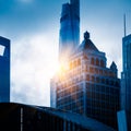 Up looking Skyscrapers with skyline in Shanghai financial district