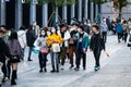 up of people wearing surgical face mask on the 2021 Chinese new year week holidays in Jianghan pedestrian road in Wuhan Hubei