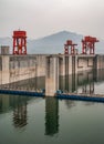 Up-river side portrait of dam gate cranes on Three Gorges Dam, China Royalty Free Stock Photo