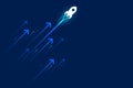 Up rocket and arrows on blue background illustration, copy space composition, business growth concept. Royalty Free Stock Photo