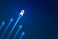 Up rocket and arrows on blue background illustration, copy space composition, business growth concept. Royalty Free Stock Photo