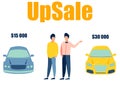 Up sale in the car. The seller sells the car to the buyer. In minimalist style Cartoon flat raster