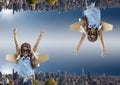 up side down city. sky background girl want`s to fly