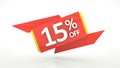 Up to 15% off special offer 3d rendering red digits banner, template fifteen percent. Sale, discount, coupon. Red, yellow, white