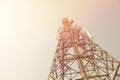 Up view mobile range antenna tower mast communication electricity radio reception news delivery send transmission tower wireless t Royalty Free Stock Photo