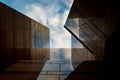 Up view on modern business building and bird flying on background. City urban architecture tower.