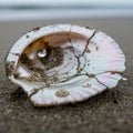 Up view of a shell on a sandy surface exhibiting a pearlescent Royalty Free Stock Photo
