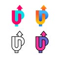 UP word colorful logo with arrow up. U and P letters wide stripe style sign.