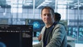 Upbeat technician safeguarding data center hardware, securing system