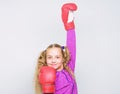 Upbringing for leader. Strong child boxing. Sport and health concept. Boxing sport for female. Skill of successful