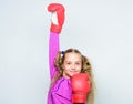 Upbringing for leader. Strong child boxing. Sport and health concept. Boxing sport for female. Skill of successful