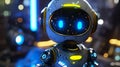 An upclose image of a bubbly and adorable robot character with yellow and blue accents and a glowing screen for a face
