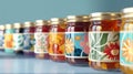 An upclose image of a colorful array of handstamped labels on jars of homemade jams and preserves made from