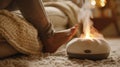 An upclose image of a foot warmer with a builtin aromatherapy feature releasing calming scents to enhance your