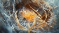 An upclose image of a spider laying its eggs in a tightly woven sac surrounded by delicate web strands. . Royalty Free Stock Photo