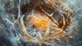 An upclose image of a spider laying its eggs in a tightly woven sac surrounded by delicate web strands. .
