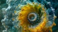 An upclose image of a spiralshaped algae structure with a gradient of pigments ranging from deep blues to bright yellows