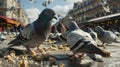 An upclose look at a group of pigeons feasting on tered crumbs in a crowded downtown plaza
